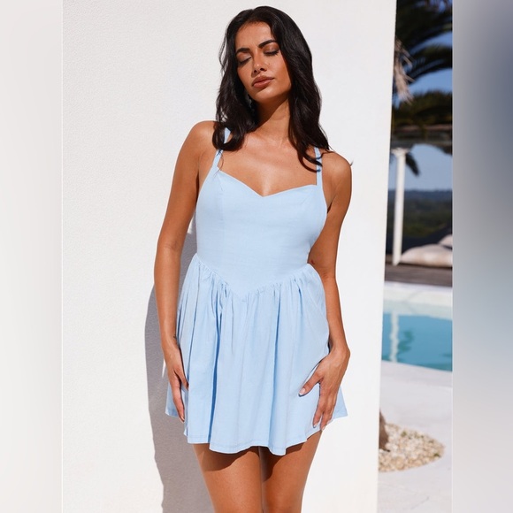 NWT HELLO MOLLY Sunbeam Warmth Light Blue Linen Mini Dress S 4 - Picture 2 of 11